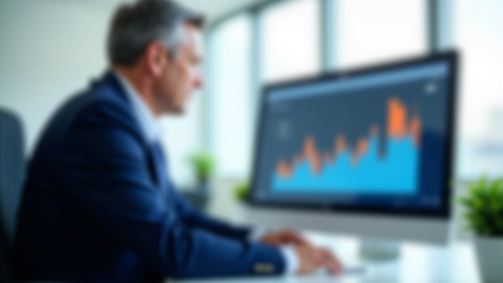 Geschäftsführer in modernem Büro, analysiert Wirtschaftsdaten auf Computerbildschirm