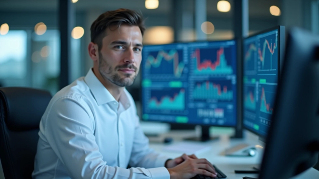 Analyst in Finanzabteilung arbeitet an mehreren Bildschirmen mit Indexcharts und Prognosedaten