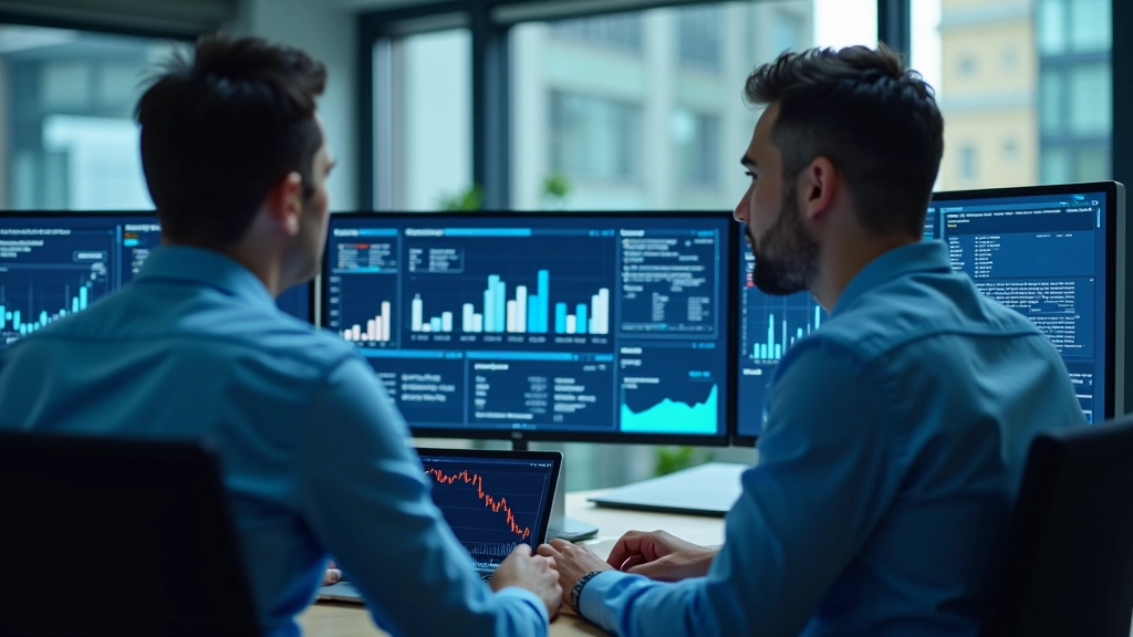 Modernes Büro mit Wirtschaftsanalysten bei der Arbeit an Konjunkturmodellen und Marktdaten